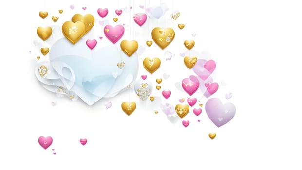 Cheerful big shiny hearts in gold and pink. Generative AI.