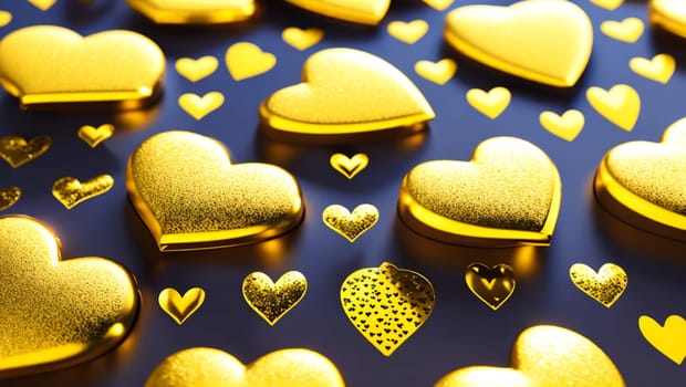 Beautiful metallic hearts in gold color and different sizes. Generative AI.