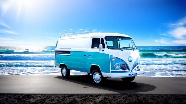 Tourist van at the seashore with sun and waves. Generative AI.