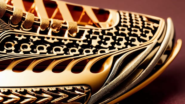 Beautiful golden decoration in the shape of a sneaker. Generative AI.