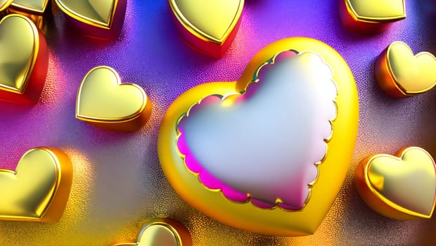 Golden hearts with glitter and background with colorful reflections. Generative AI.