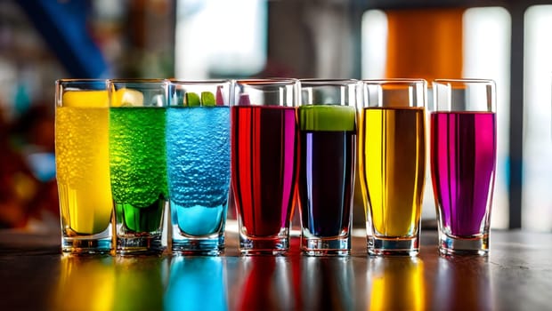 Refreshing colorful drinks on a bar counter. Generative AI.