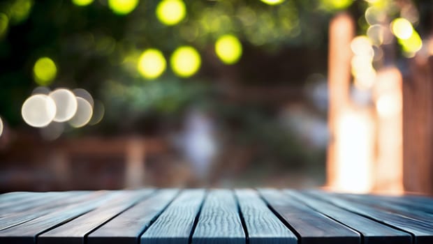 Outdoor table with nothing on top on a terrace. Generative AI.