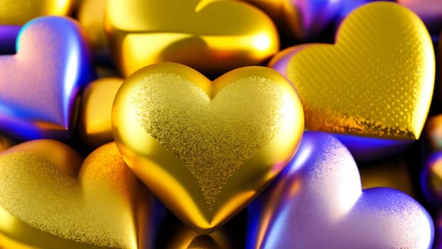 Gold and violet hearts with glitter and reflections. Generative AI.