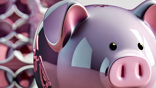 Illustration of a pink piggy bank with glitter and background with pink ornaments. Generative AI.