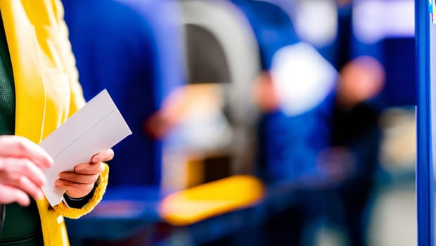 Woman in green sweater and yellow jacket with a white envelope from hands in concept of voting in elections, election campaign. Generative AI.