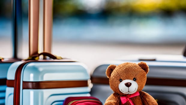 Brown teddy bear with bow tie next to travel suitcases. Generative AI.