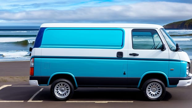 Blue and white tourist van parked on the seashore with aluminum rims. Generative AI.