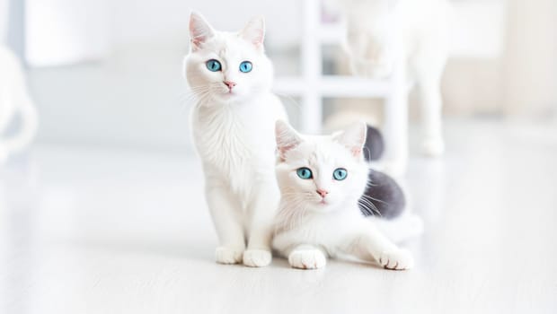 Pair of beautiful white cats with blue eyes, an adult and a small kitten. Generative AI.