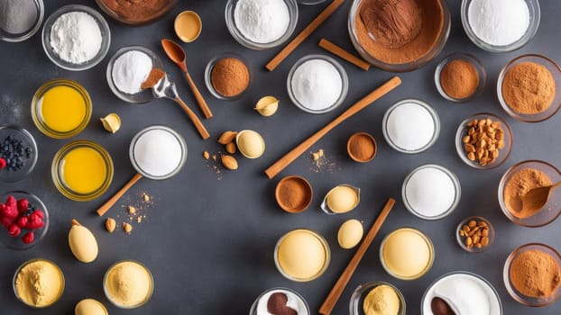 Containers on a table with different bakery ingredients. Generative AI.