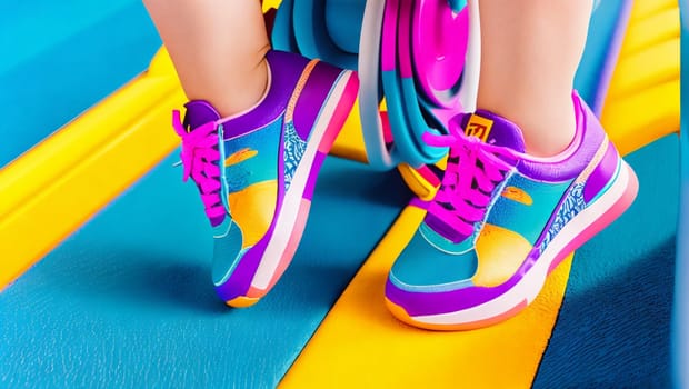 Girl's feet in colorful sports shoes for exercise. Generative AI.