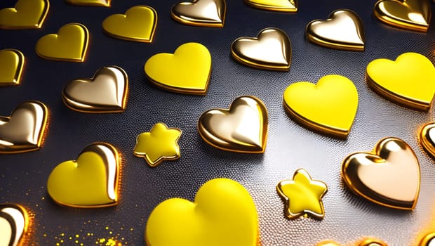 Beautiful gold-colored metallic hearts and stars. Generative AI.