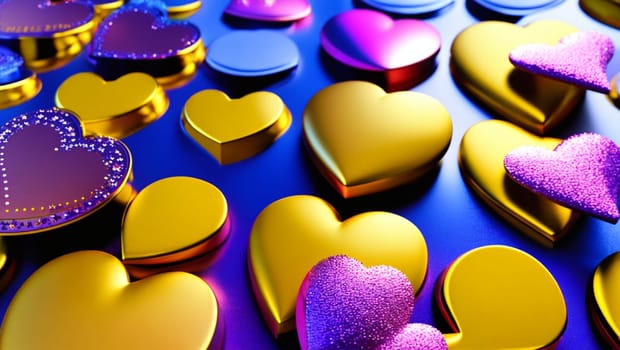 Cheerful big shiny hearts in gold and violet. Generative AI.