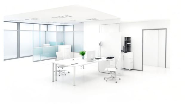 Modern office with glass doors and work table with computer and decorative silver. Generative AI.