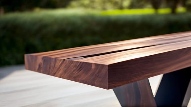 Elegant dark wood table on an outdoor terrace. Generative AI.