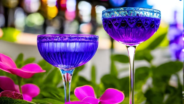 Two blue glass water goblets decorated in a colorful garden. Generative AI.