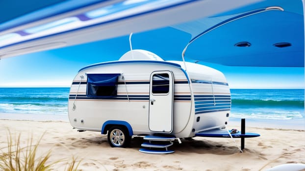 Tourist caravan trailer parked on the beach sand. Generative AI.