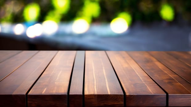 Elegant dark wood table on an outdoor terrace. Generative AI.