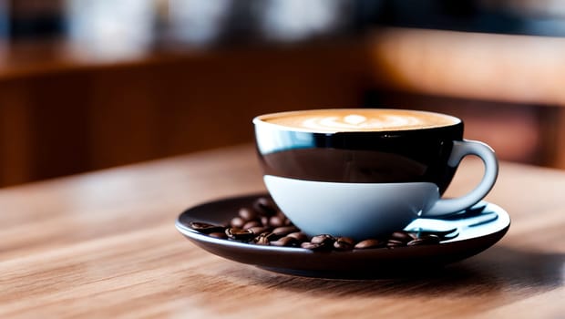 Cup of coffee with milk and foam decorated in the form of drawing and coffee beans. Generative AI.