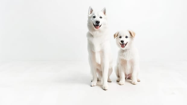 Pair of beautiful white dogs, adult and a small pup. Generative AI.