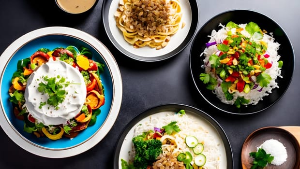 Assorted plates of prepared food on a black table. Generative AI.