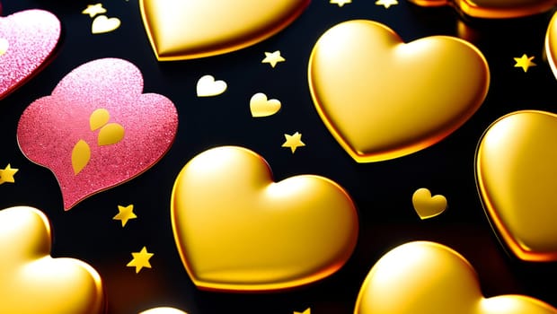 Beautiful gold colored metallic hearts and stars with black background. Generative AI.