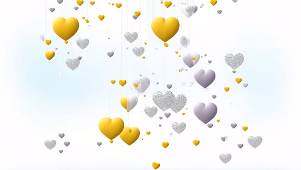 Beautiful hearts flying in gold and gray, cheerful. Generative AI.