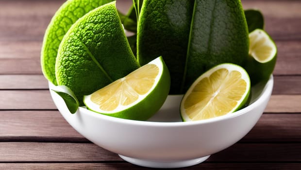 Detail of a bowl with green and yellow lemon lime fruit on a wooden table. Generative AI.