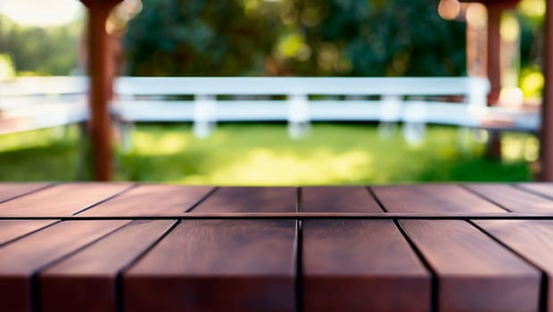 Elegant dark wood table on an outdoor terrace. Generative AI.