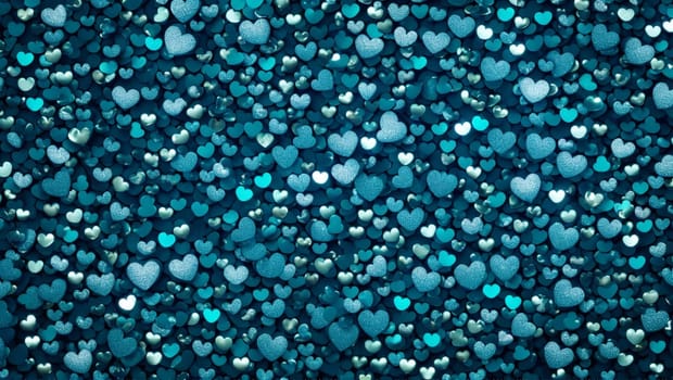 Background of beautiful hearts in blue colors with reflections. Generative AI.