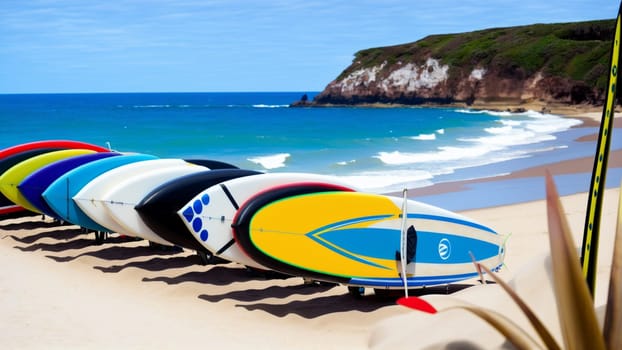 Surfboards of different colors on the sand of a beach with waves. Generative AI.