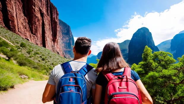 Young couple with rickshaws traveling on a natural mountain road. Generative AI.