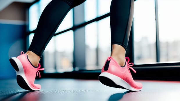 Feets of an athletic woman exercising at the gym. Generative AI.