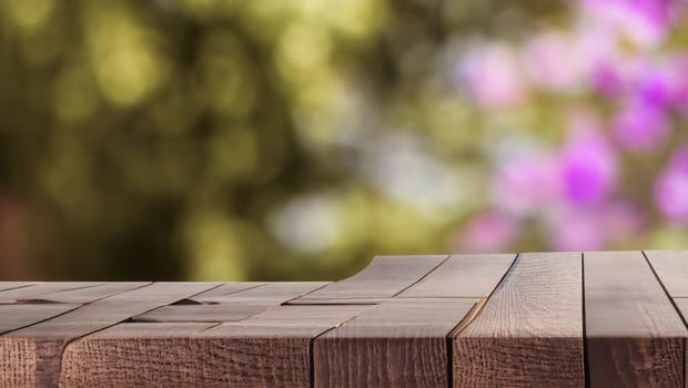 Elegant dark wood block table on an outdoor terrace. Generative AI.