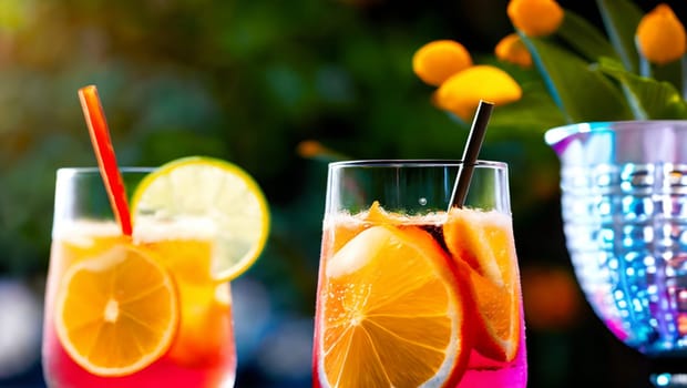 Refreshing beverages on the table of an outdoor terrace. Generative AI.