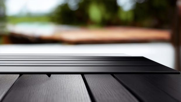 Elegant dark wood table on an outdoor terrace. Generative AI.