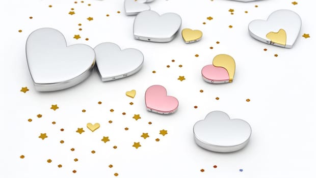 Nice background with cheerful silver, pink and gold shiny hearts. Generative AI.