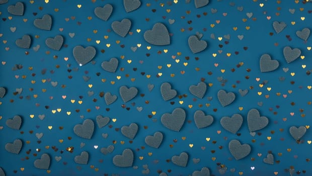 Nice background with cheerful green textured hearts, small golden shiny hearts with blue background. Generative AI.