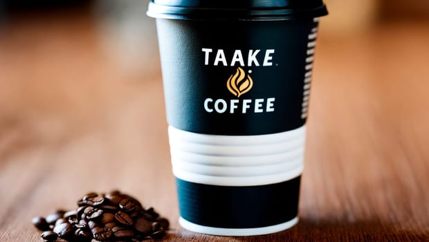 Take-and-go coffee tumbler on a dark wood table with roasted coffee beans. Generative AI.