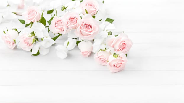 Pretty background with roses on a white wooden table. Generative AI.