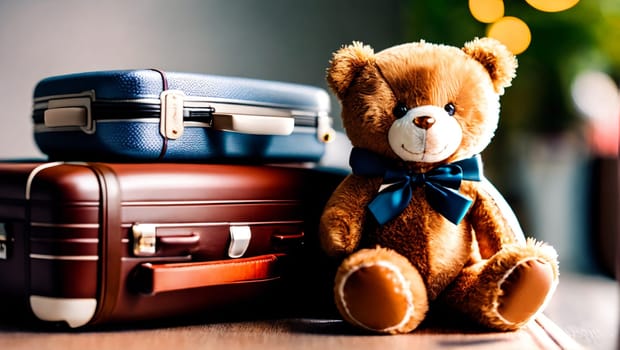 Brown teddy bear with blue bow next to travel suitcases. Generative AI.