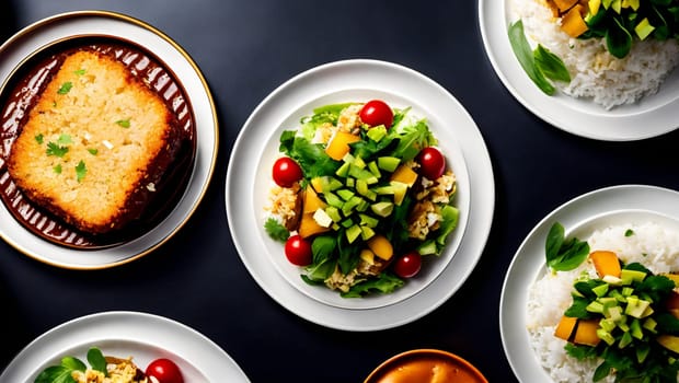 Variety of dishes with different types of food such as rice, sponge cake, salad with tomatoes and nuts. Generative AI.