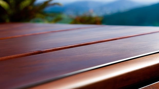 Elegant dark wood table on an outdoor terrace. Generative AI.