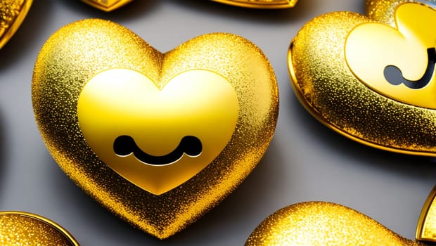 Beautiful shiny gold colored smiling hearts and gray background. Generative AI.