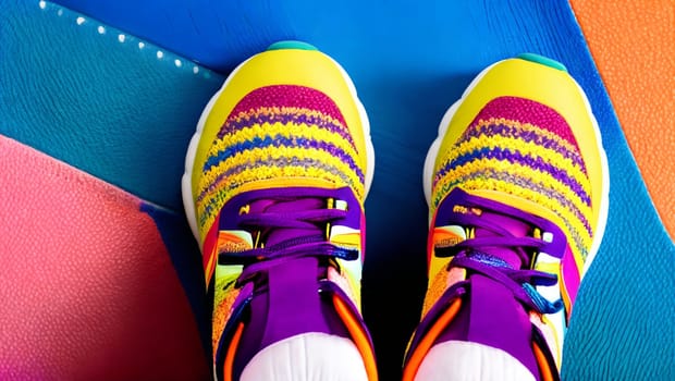 Girl's feet in colorful sports shoes for exercise. Generative AI.