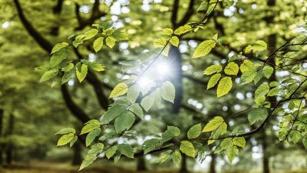 Branches of a tree with beautiful green leaves with the reflections of the sun. Generative AI.