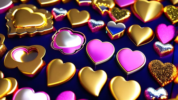 Cheerful big shiny hearts in gold and pink. Generative AI.