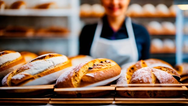 Aproned baker at the counter of her bakery. Generative AI.