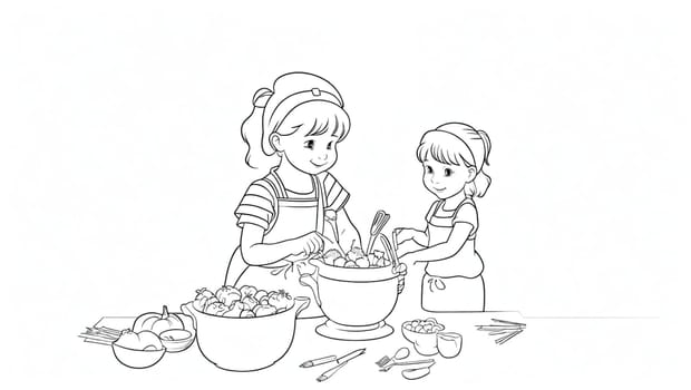 Drawing of a mother and her daughter cooking vegetables to color. Generative AI.