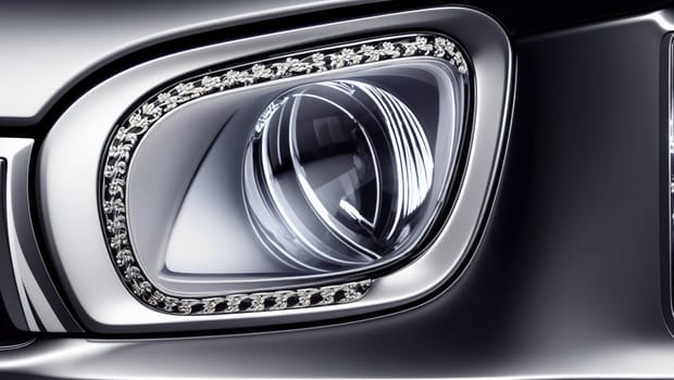 Headlight of a gray car with decorative ornaments. Generative AI.